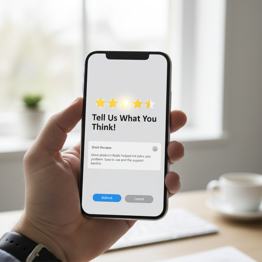 Smartphone showing star ratings and a short review