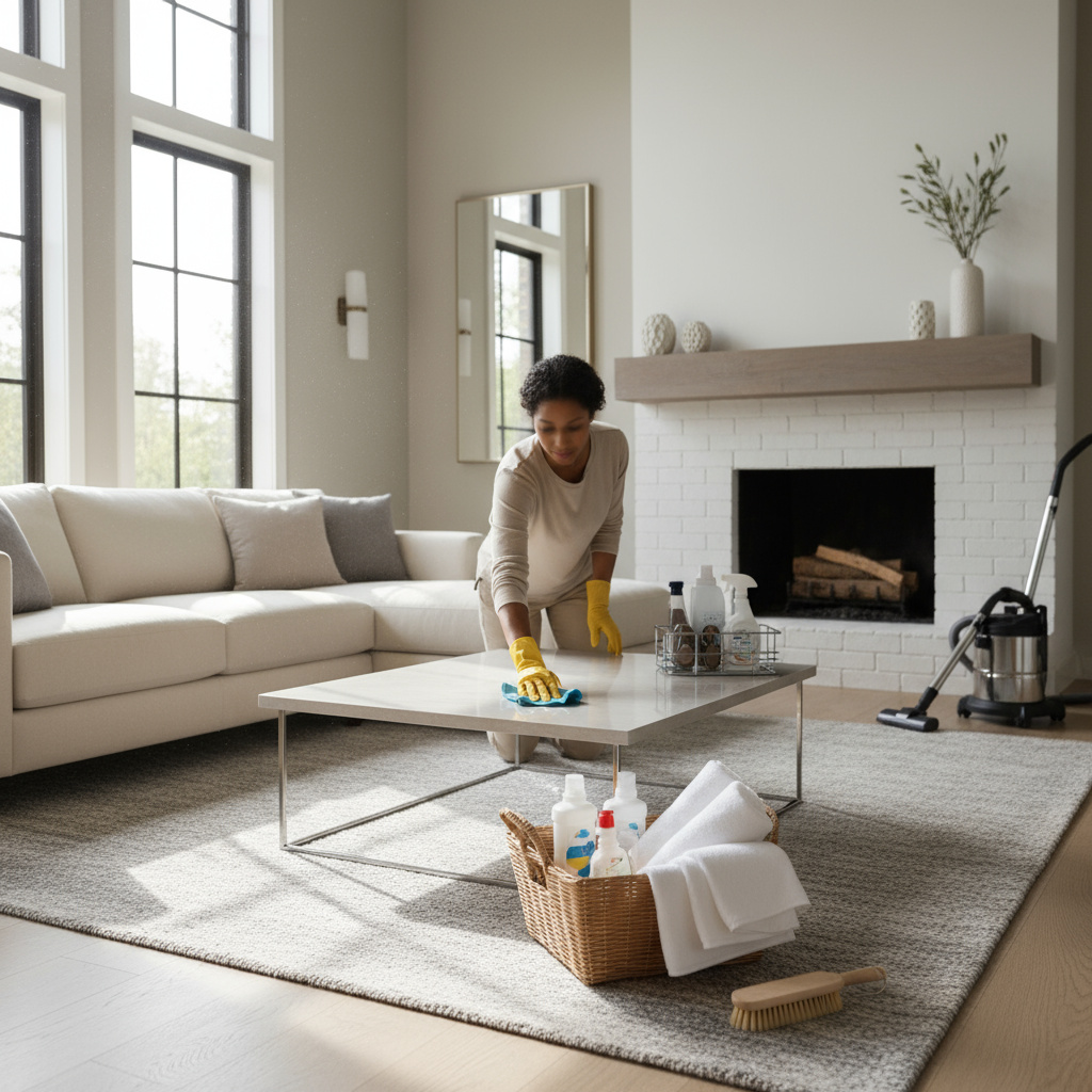 Professional cleaner tidying a bright modern living room in Doha