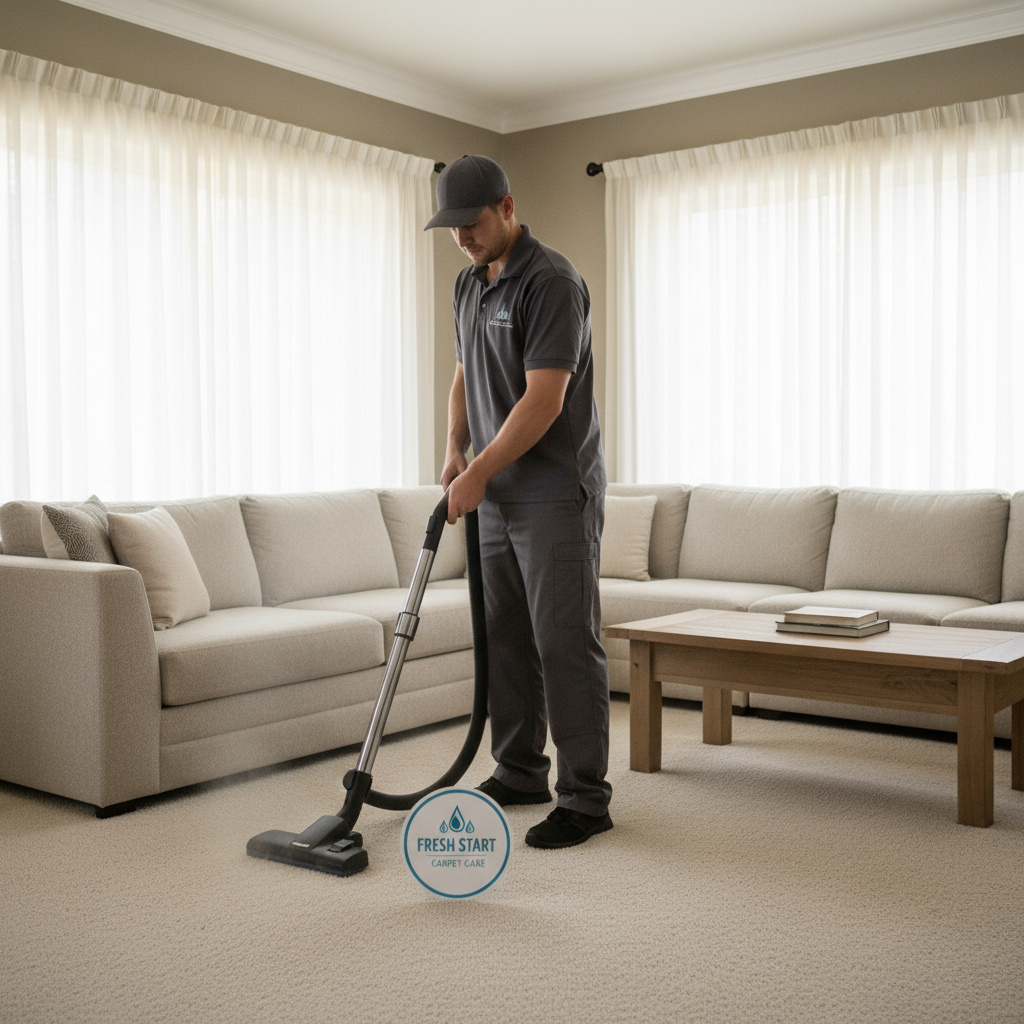 Vacuuming carpet in a living room