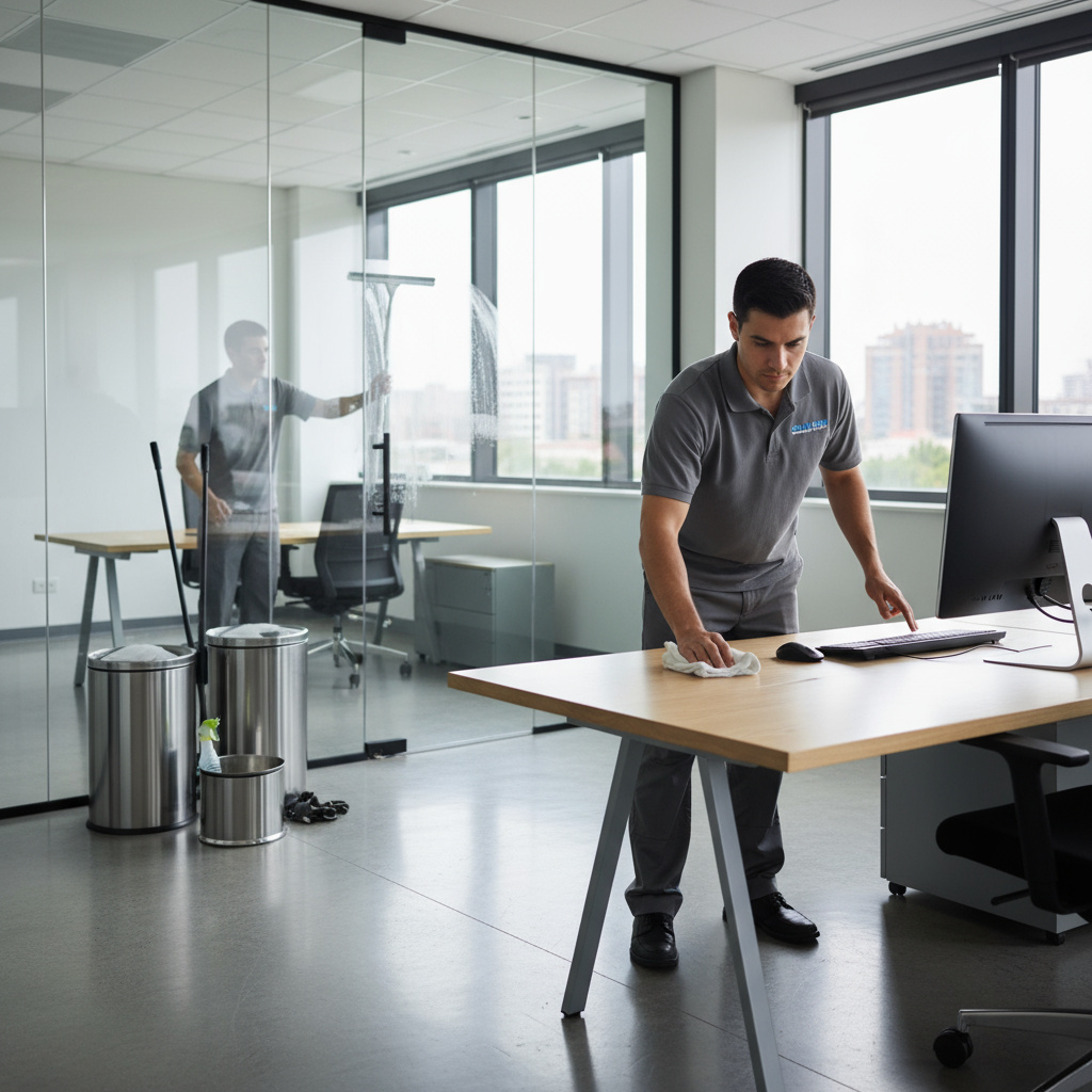 Cleaning a modern office desk and glass partition